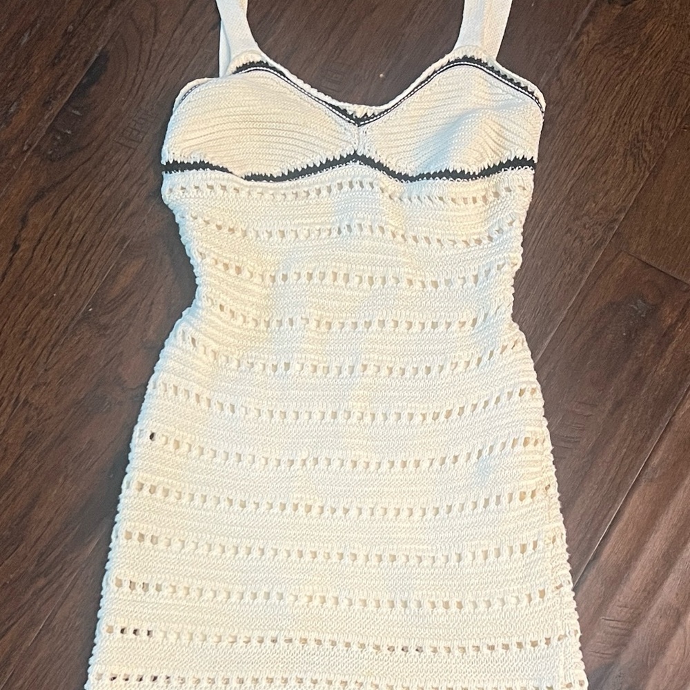 Free People Boho Beach Festival Crochet BodyCon Dress with Black Trim XS